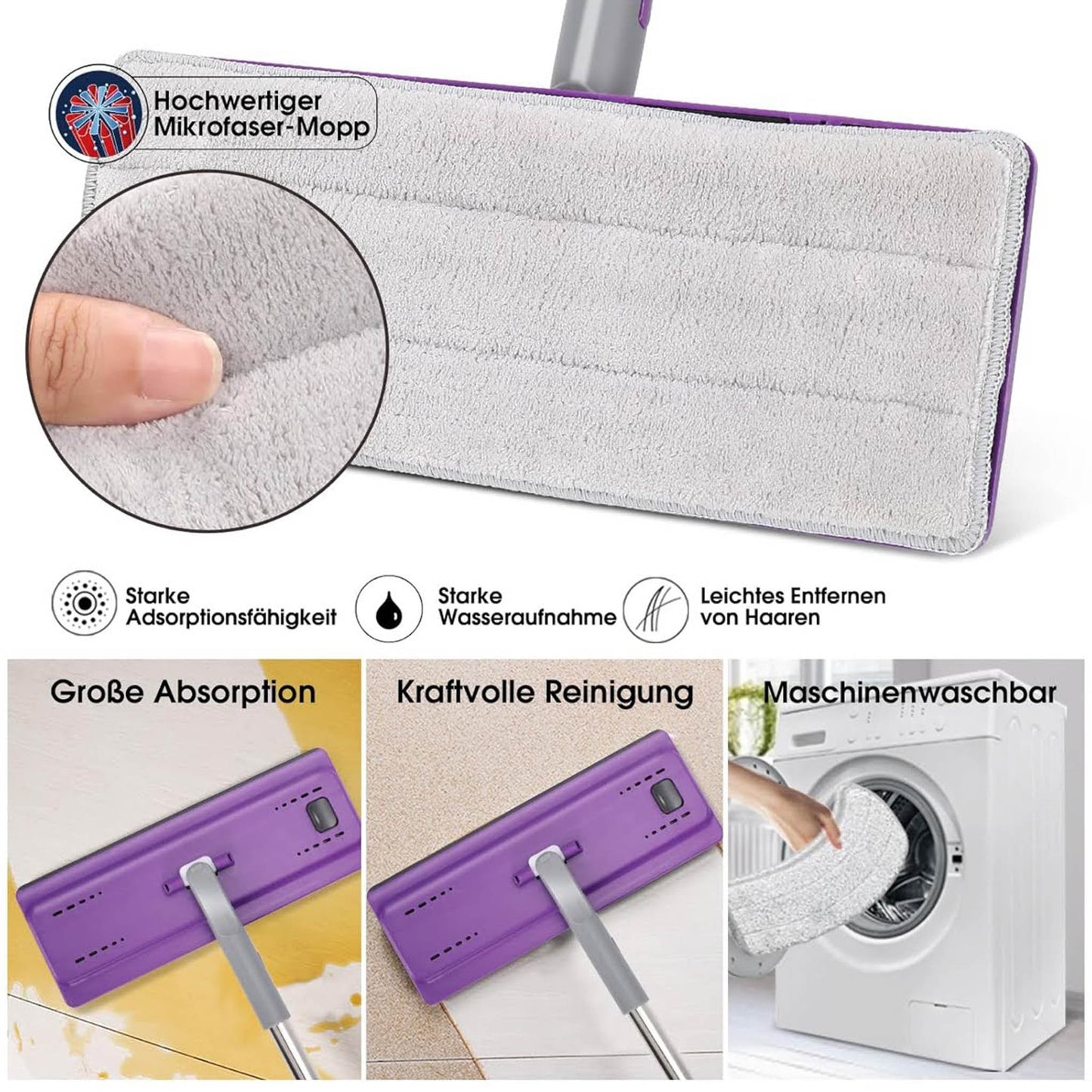 Masthome Wischmopp Set, Bodenwischer, 138cm Edelstahlgriff, Auswringfunktion, 5 Mikrofaser Pads, Violett