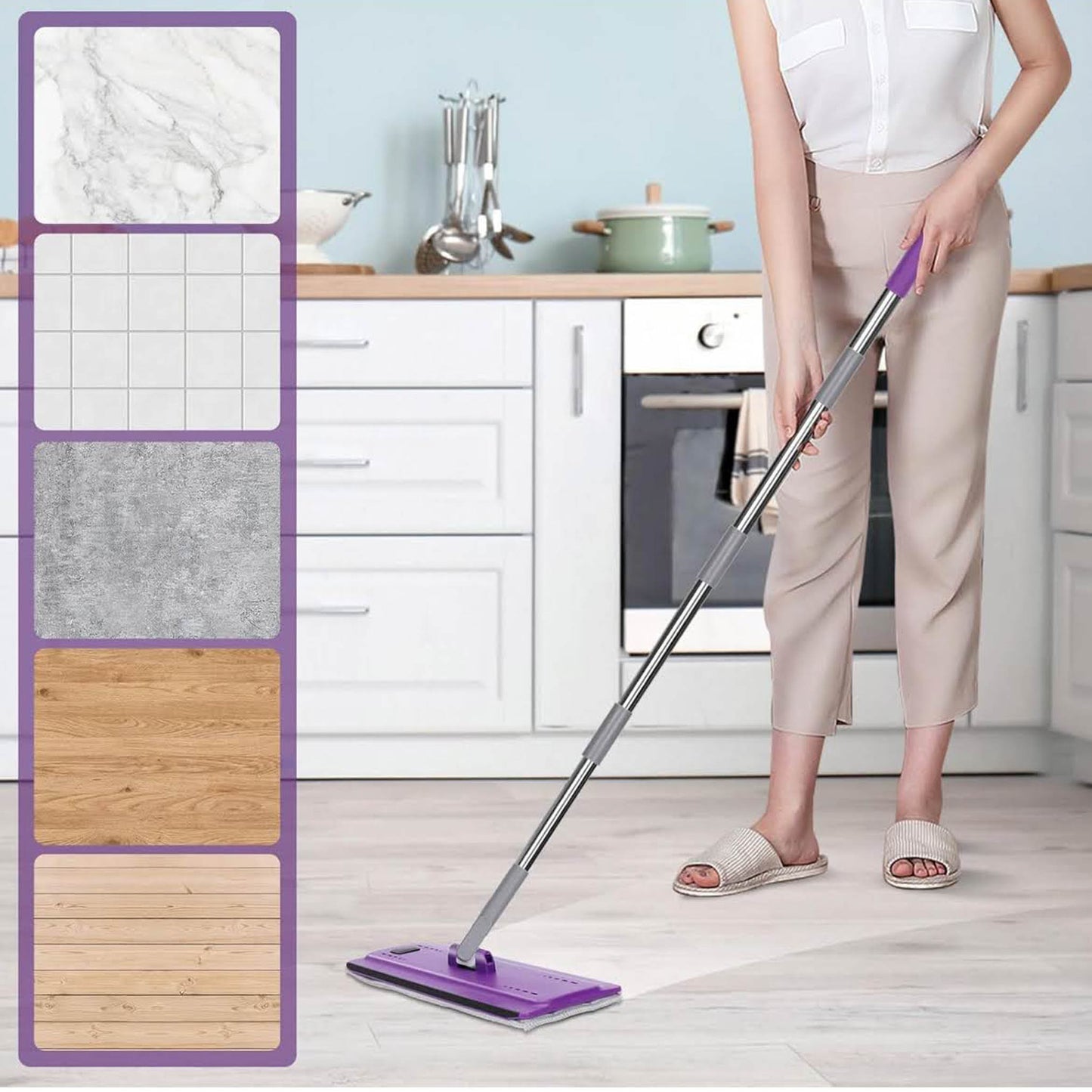 Masthome Wischmopp Set, Bodenwischer, 138cm Edelstahlgriff, Auswringfunktion, 5 Mikrofaser Pads, Violett