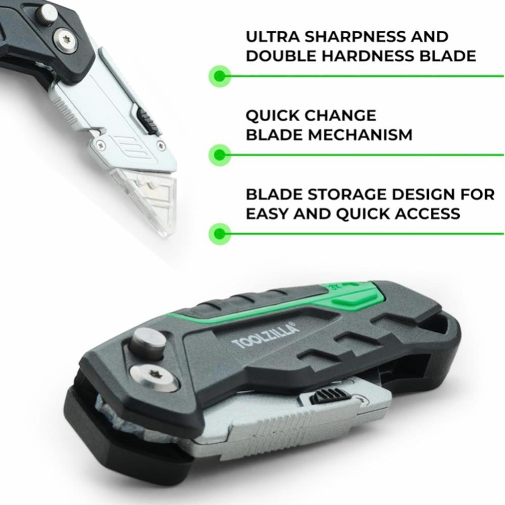 Toolzilla Universalmesser TZ-1234 Kartonschneider mit einziehbarem Griff – rasiermesserscharfe Klinge, 9 Ersatzklingen, robust und faltbar, ideal für Karton, Teppich, Seil, Gummi und Leder, perfekt für Home-Office und Camping