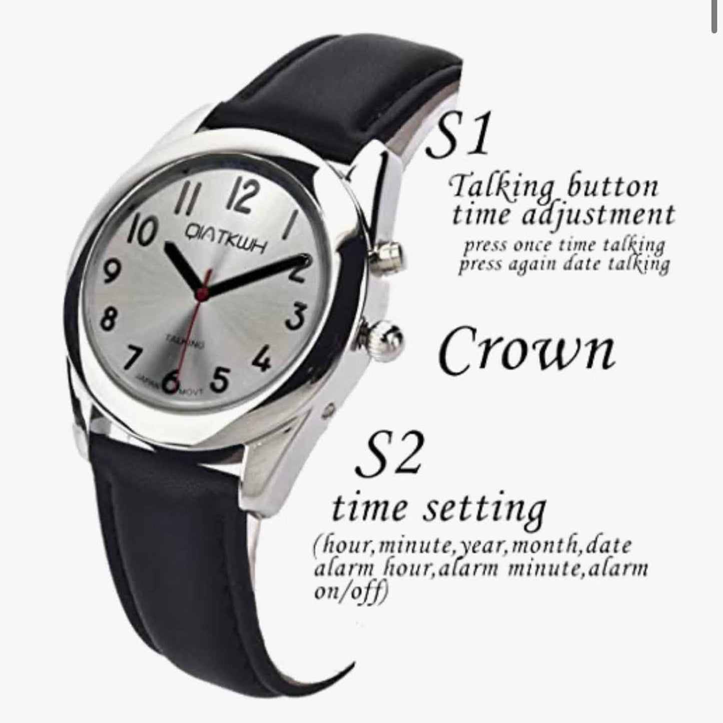 QIATKWH Deutsch sprechende Uhr, Zifferblatt mit Sonnenmuster, Silbergehäuse, schwarzes Lederarmband, einziehbares Edelstahlarmband