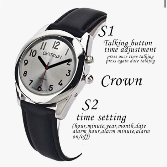 QIATKWH Deutsch sprechende Uhr, Zifferblatt mit Sonnenmuster, Silbergehäuse, schwarzes Lederarmband, einziehbares Edelstahlarmband