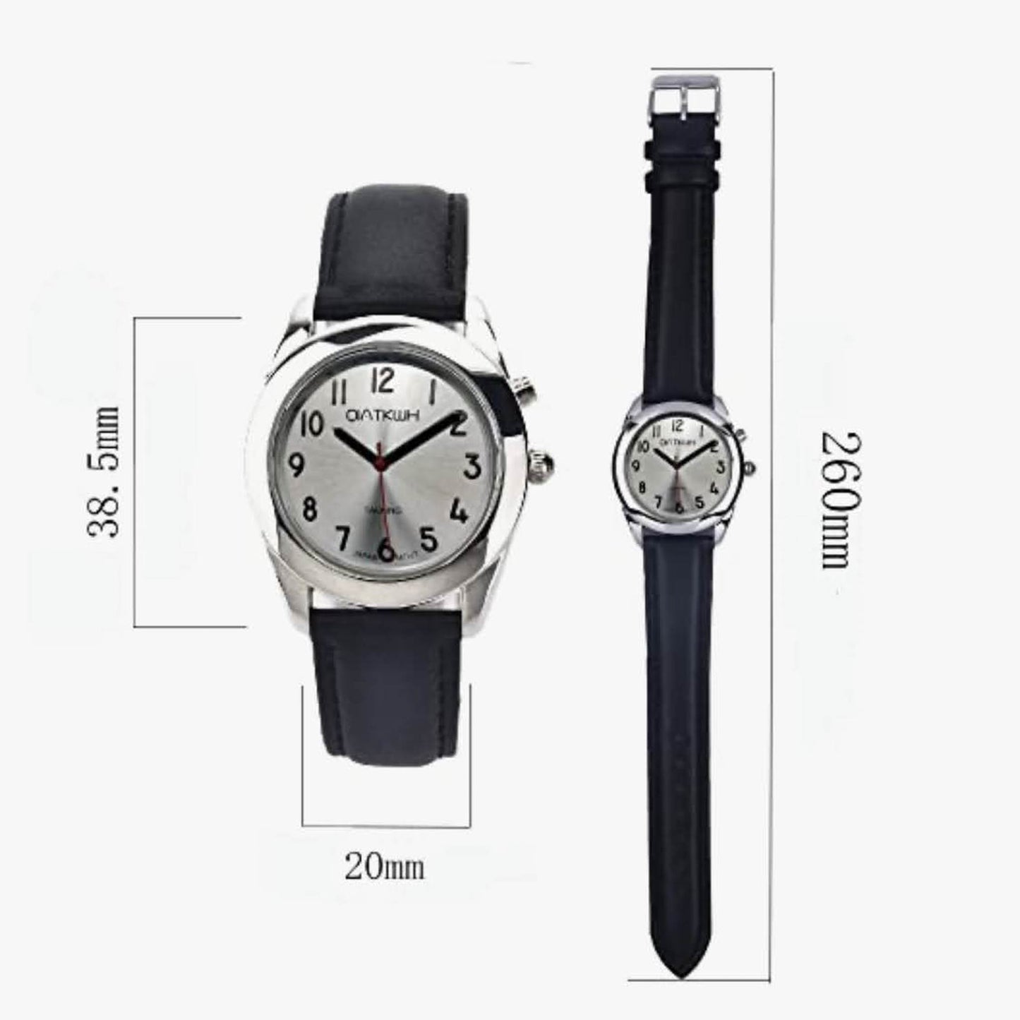 QIATKWH Deutsch sprechende Uhr, Zifferblatt mit Sonnenmuster, Silbergehäuse, schwarzes Lederarmband, einziehbares Edelstahlarmband