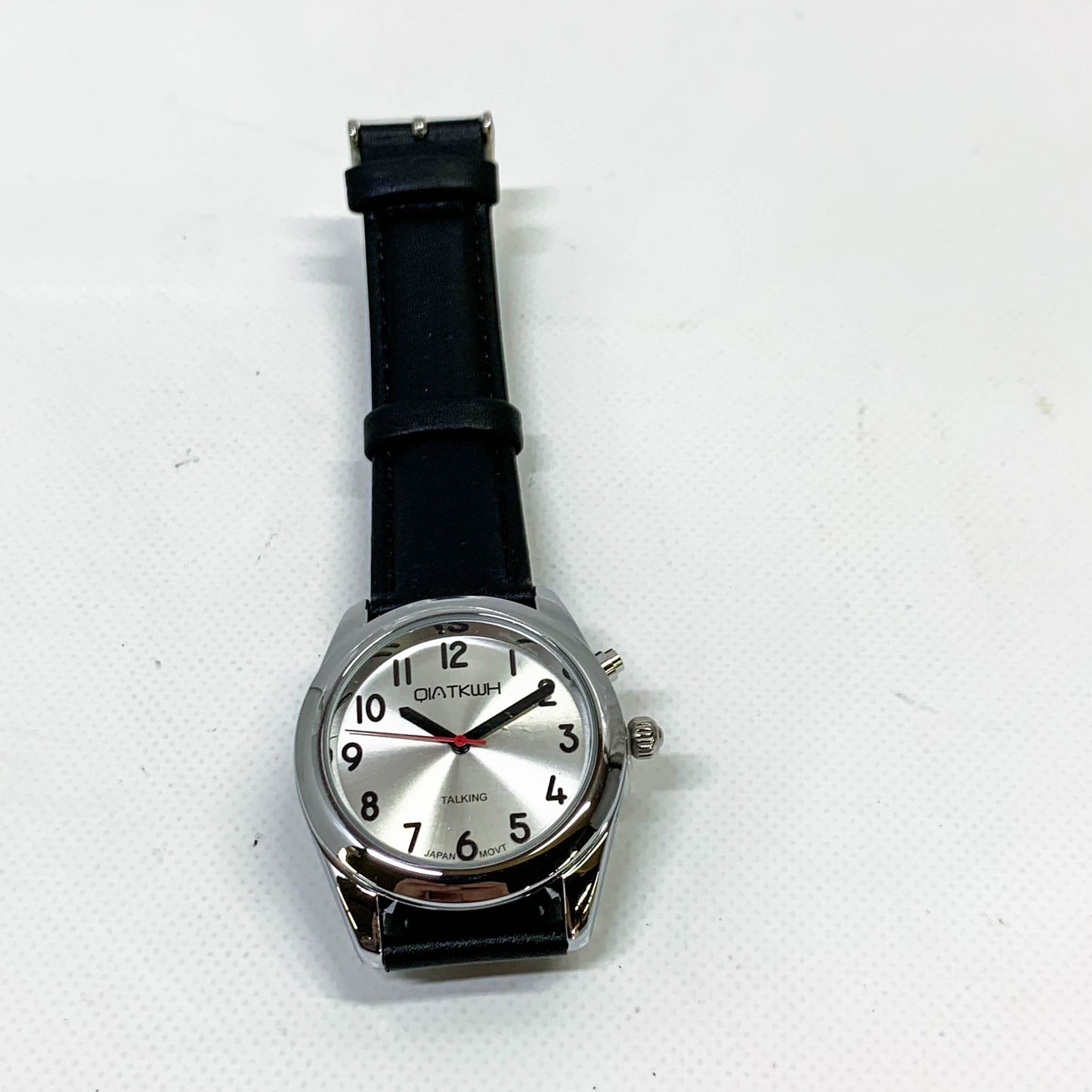 QIATKWH Deutsch sprechende Uhr, Zifferblatt mit Sonnenmuster, Silbergehäuse, schwarzes Lederarmband, einziehbares Edelstahlarmband