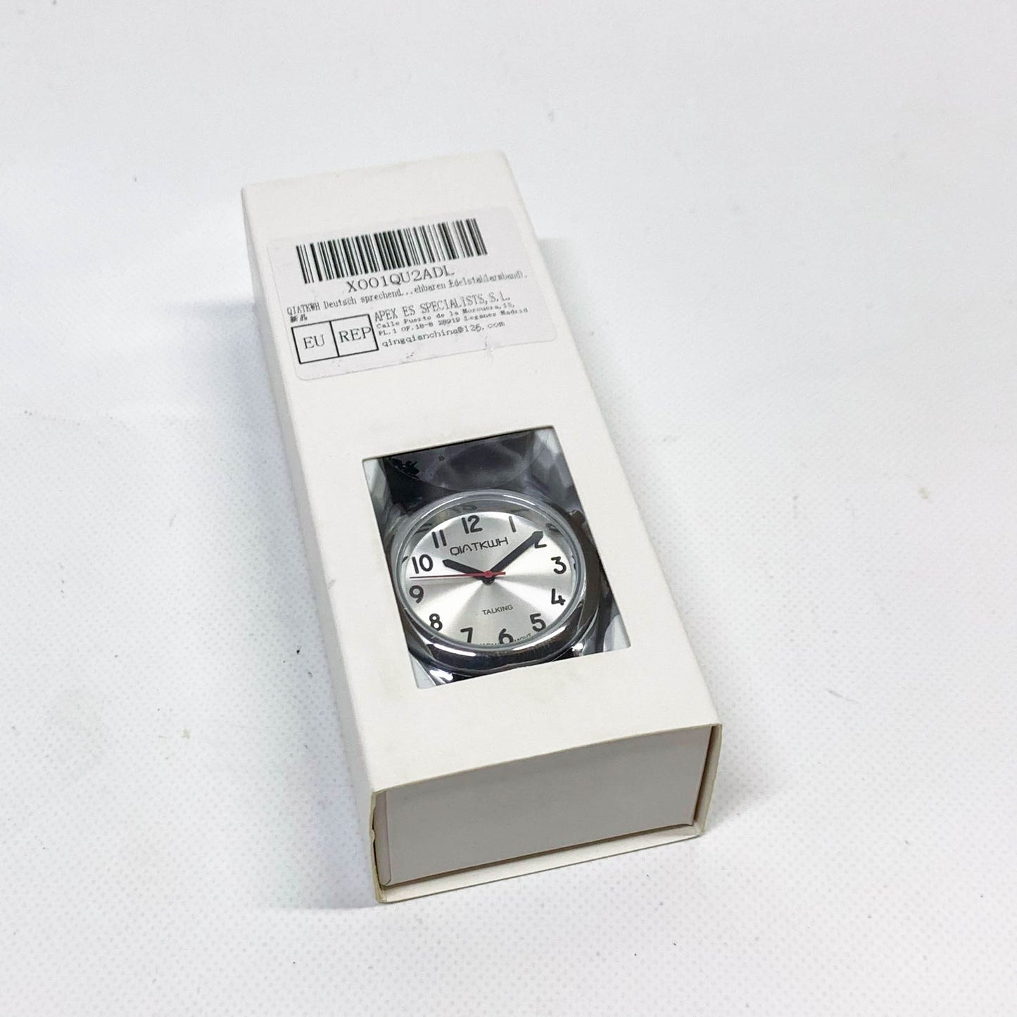 QIATKWH Deutsch sprechende Uhr, Zifferblatt mit Sonnenmuster, Silbergehäuse, schwarzes Lederarmband, einziehbares Edelstahlarmband