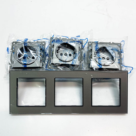 PANGTZEEN Schuko Steckdose 16A, Dreifach, Glasrahmen, Unterputz, grau, für Wohnzimmer, Schlafzimmer, Küche, Büro.