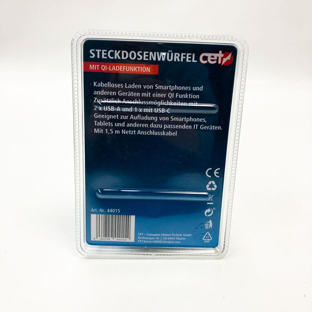 CET Steckdosenwürfel QI-Ladefunktion mit USB-Anschlüssen und Überspannungsschutz