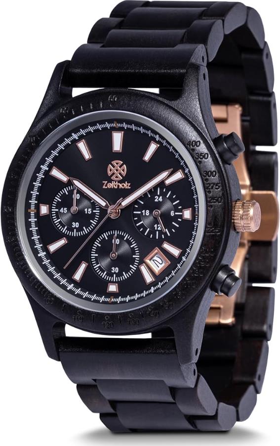 Zeitholz Holzuhr Herren 42mm Chronograph Analog Neue Bergen 100% Naturholz mit Japanischem Quarzwerk
