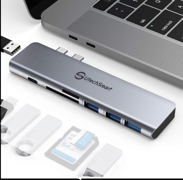 USB C Hub Aluminum Thunderbolt 3 Type C Adapter 7 in 2 with 3 USB 3.0 & USB 2.0 Ports TF SD Card Reader PD Compatible with MacBook Pro Air 13'' 15'' 2018 2019 2020