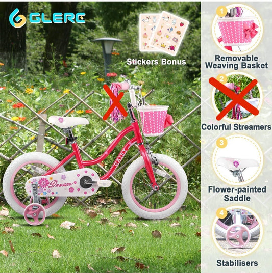 Glerc Daisy 16 Zoll Kinderfahrrad rot für Mädchen 4-7 Jahre mit Stützrädern, Korb und Luftschlangen
