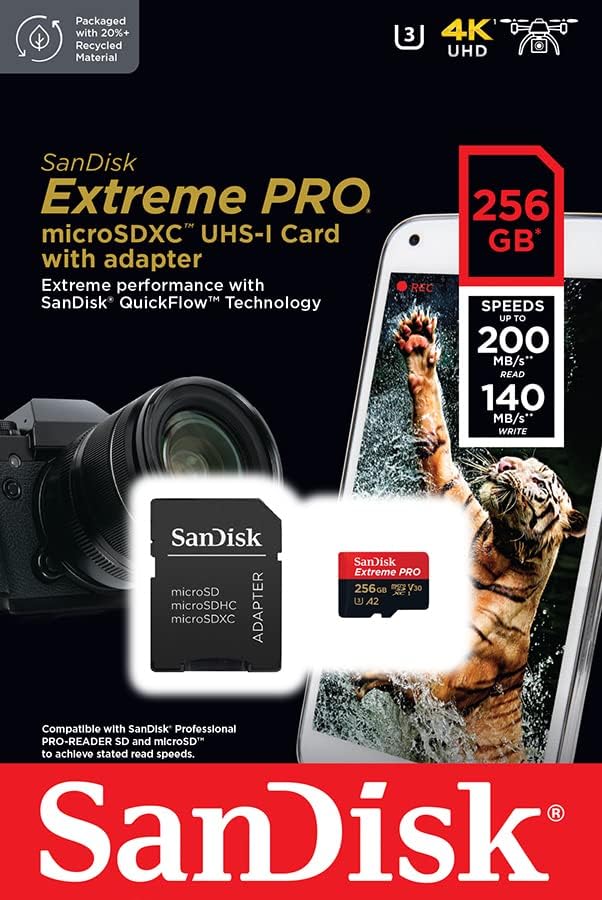 SanDisk Extreme PRO microSD UHS-I, SDSQXCD-256G-GN6MA, Speicherkarte, C10, U3, V30, A2, 200 MB/s lesen, 140 MB/s schreiben