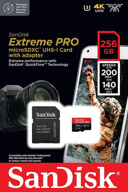 SanDisk Extreme PRO microSD UHS-I, SDSQXCD-256G-GN6MA, Speicherkarte, C10, U3, V30, A2, 200 MB/s lesen, 140 MB/s schreiben