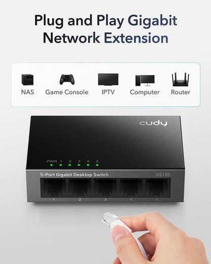 Cudy GS105, 5-Port Gigabit Switch, Desktop, Metallgehäuse, 5x Gigabit Ethernet, lüfterlos