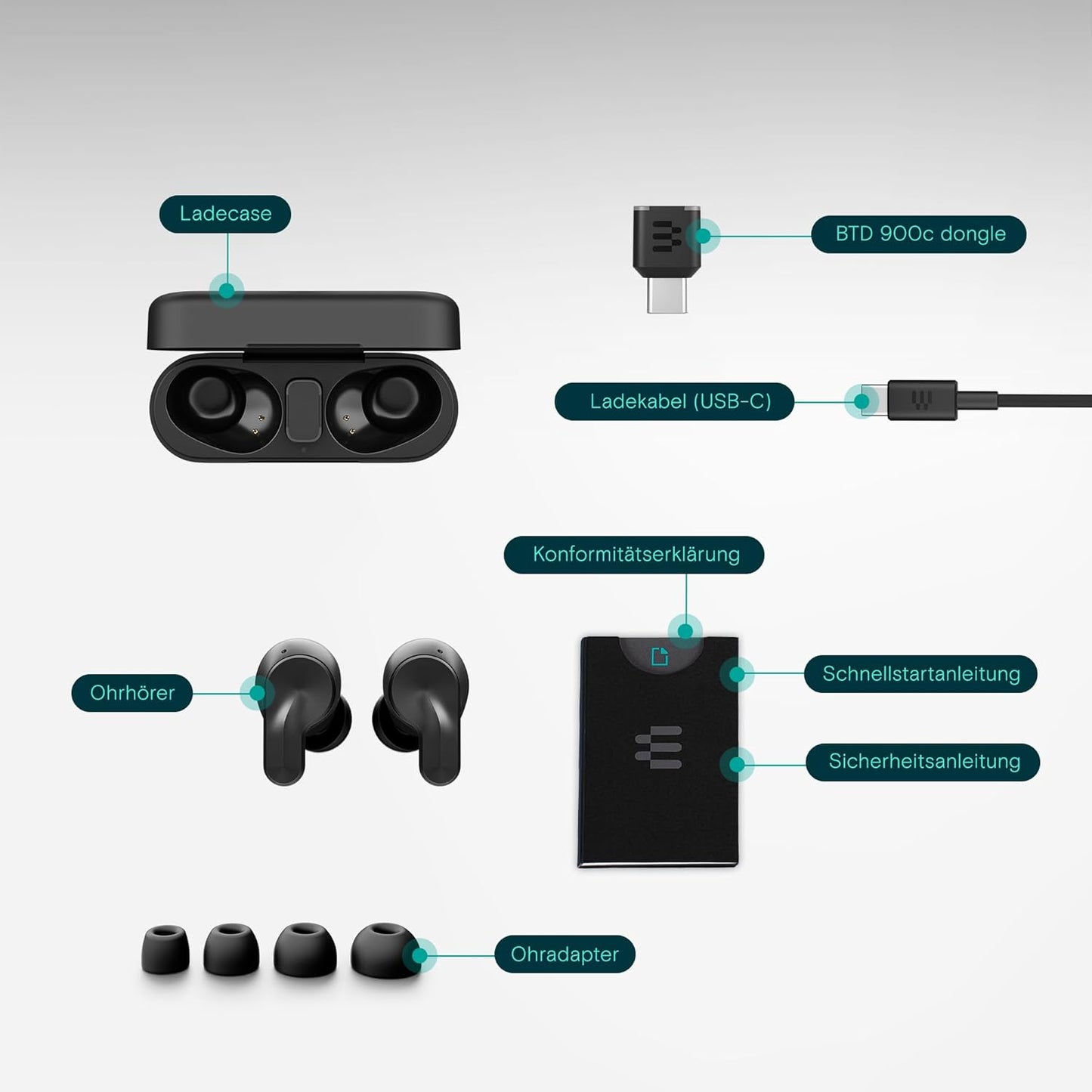 EPOS ADAPT E1, Kabellose In-Ear-Kopfhörer, Hybrides ANC, Multi-Point Bluetooth, 50H Akku, IPX5 wasserfest, USB-C Dongle.