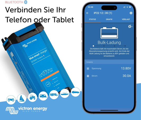 Victron Blue Smart 12V 30A Ladegerät, IP22, Bluetooth, 1 Ausgang, CEE 7/7, Batterieerhaltung, Desulfator