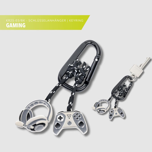 TROIKA Schlüsselanhänger GAMING, 2 Anhänger (Controller, Headset), Metallguss, verchromt, grau/schwarz/silber, dekoratives Kletterseil