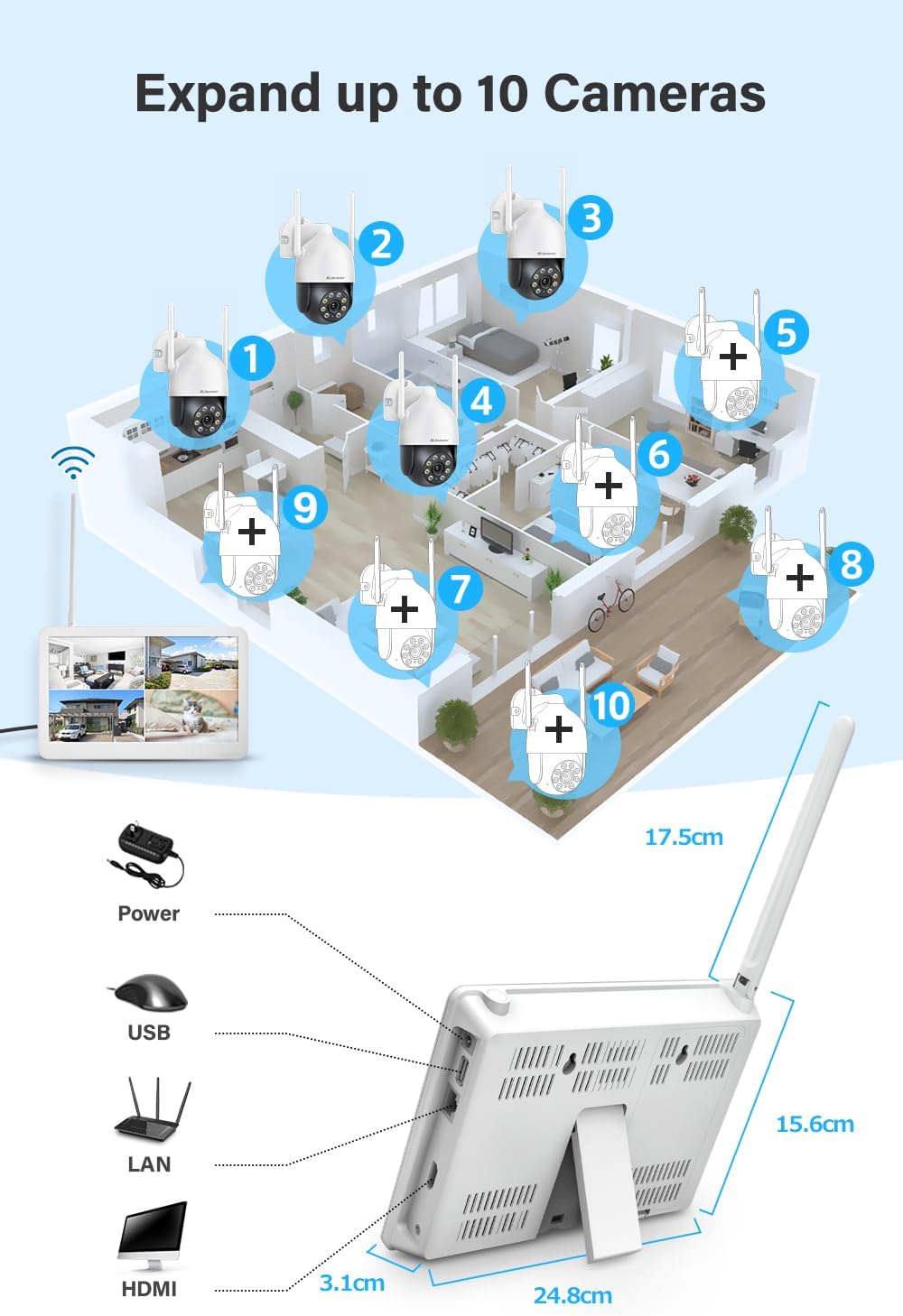 Jennov 5MP WLAN Überwachungskamera Set, 4x 360° PTZ, 10" Monitor, 2-Wege-Audio, Farbnachtsicht, 1TB HDD, Auto-Tracking