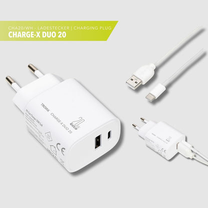 TROIKA Charge-X Duo 20, Ladestecker, 20W, USB-C & USB-A, gleichzeitiges Laden, GaN Schnellladung, Kunststoff, weiß.