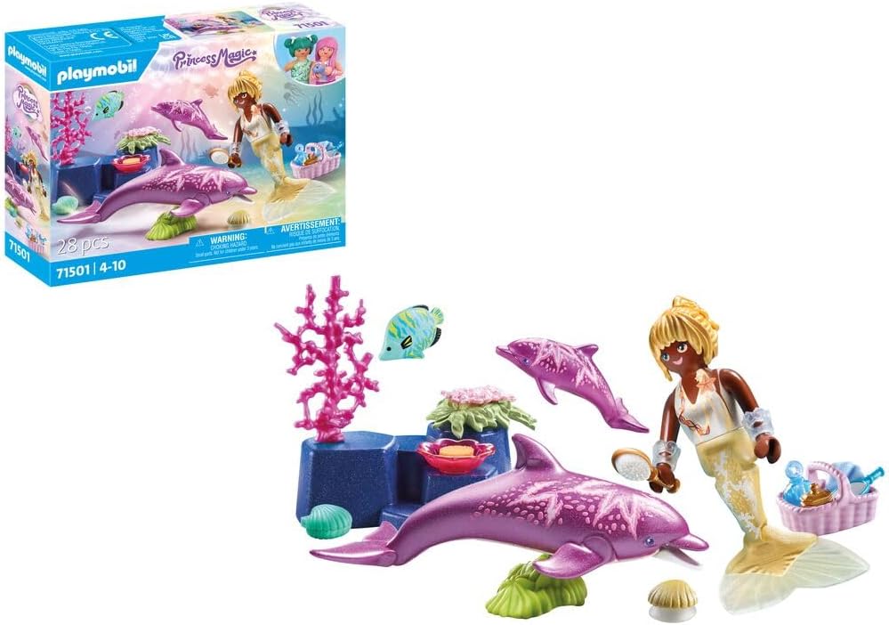PLAYMOBIL Princess Magic 71501 Meerjungfrau-Set mit Delfinmama und Baby, Zubehör, fantasievolles Spielzeug ab 4 Jahren
