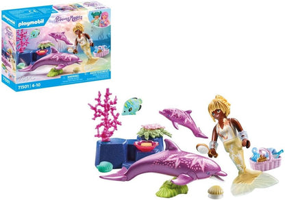 PLAYMOBIL Princess Magic 71501 Meerjungfrau-Set mit Delfinmama und Baby, Zubehör, fantasievolles Spielzeug ab 4 Jahren