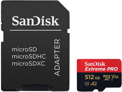 SanDisk Extreme PRO microSDXC 512 GB, Speicherkarte, A2, Class 10, V30, U3, 200 MB/s, inkl. Adapter & RescuePRO Deluxe.