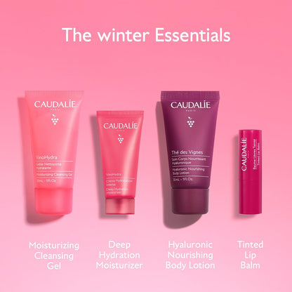 Caudalie 511P1 Reise-Essentials Winterset 2025, Limited Edition, Pflegeset mit Feuchtigkeitscreme, Reinigungsschaum, Lippenpflege