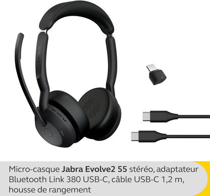 Jabra Evolve2 55, Kabelloser Stereo-Kopfhörer, Jabra Air Comfort Technologie, Geräuschunterdrückung, aktiv, kompatibel – Schwarz.