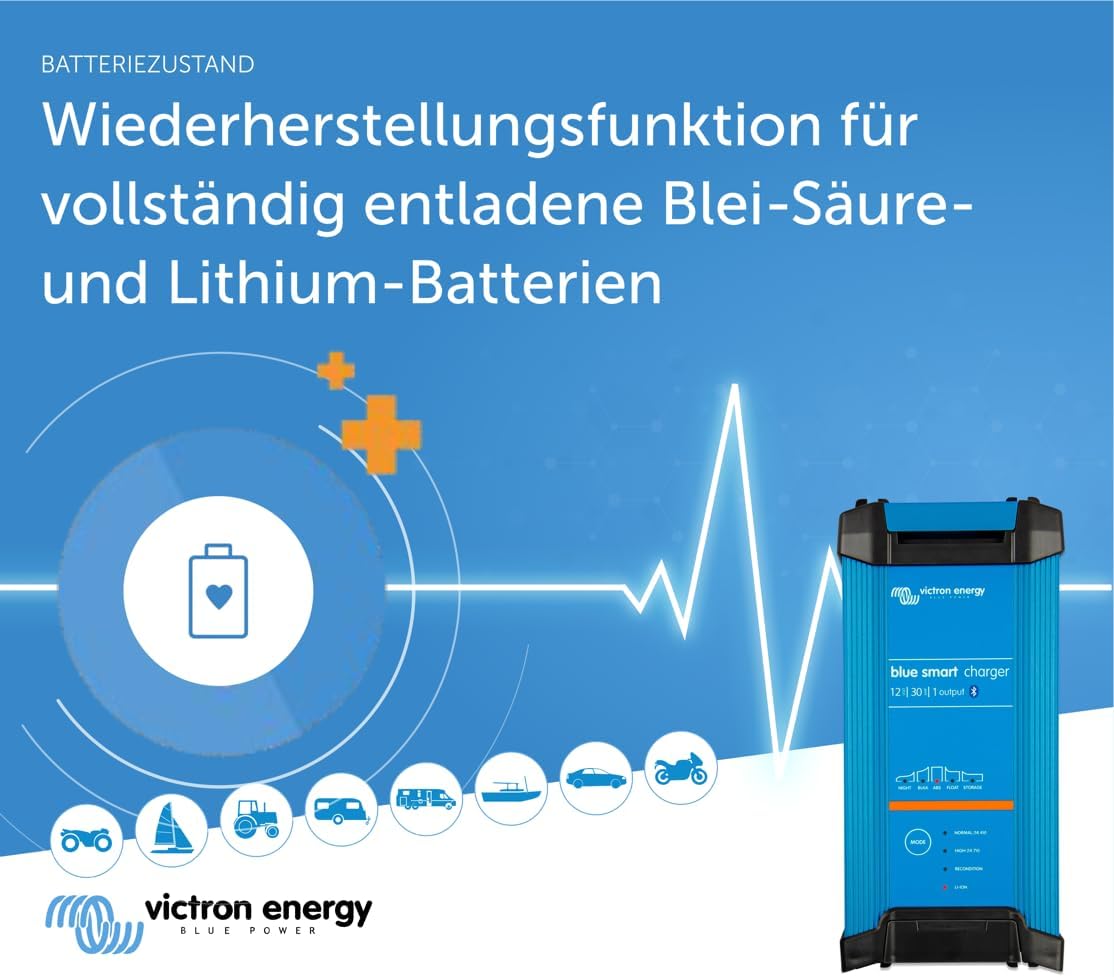 Victron Blue Smart 12V 30A Ladegerät, IP22, Bluetooth, 1 Ausgang, CEE 7/7, Batterieerhaltung, Desulfator