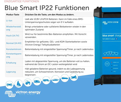Victron Blue Smart 12V 30A Ladegerät, IP22, Bluetooth, 1 Ausgang, CEE 7/7, Batterieerhaltung, Desulfator