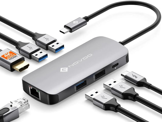 NOVOO USB C Hub 7-in-1, 4K HDMI, Gigabit Ethernet, 4x USB, 100W PD, kompatibel mit MacBook, Surface, Dell und Typ C Geräten.
