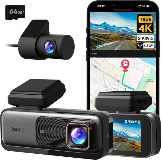 BOTSLAB 4K Dual Dashcam, Autokamera vorne & hinten, GPS, WiFi, 64GB SD, ADAS, Nachtsicht, 170° Weitwinkel, Parküberwachung