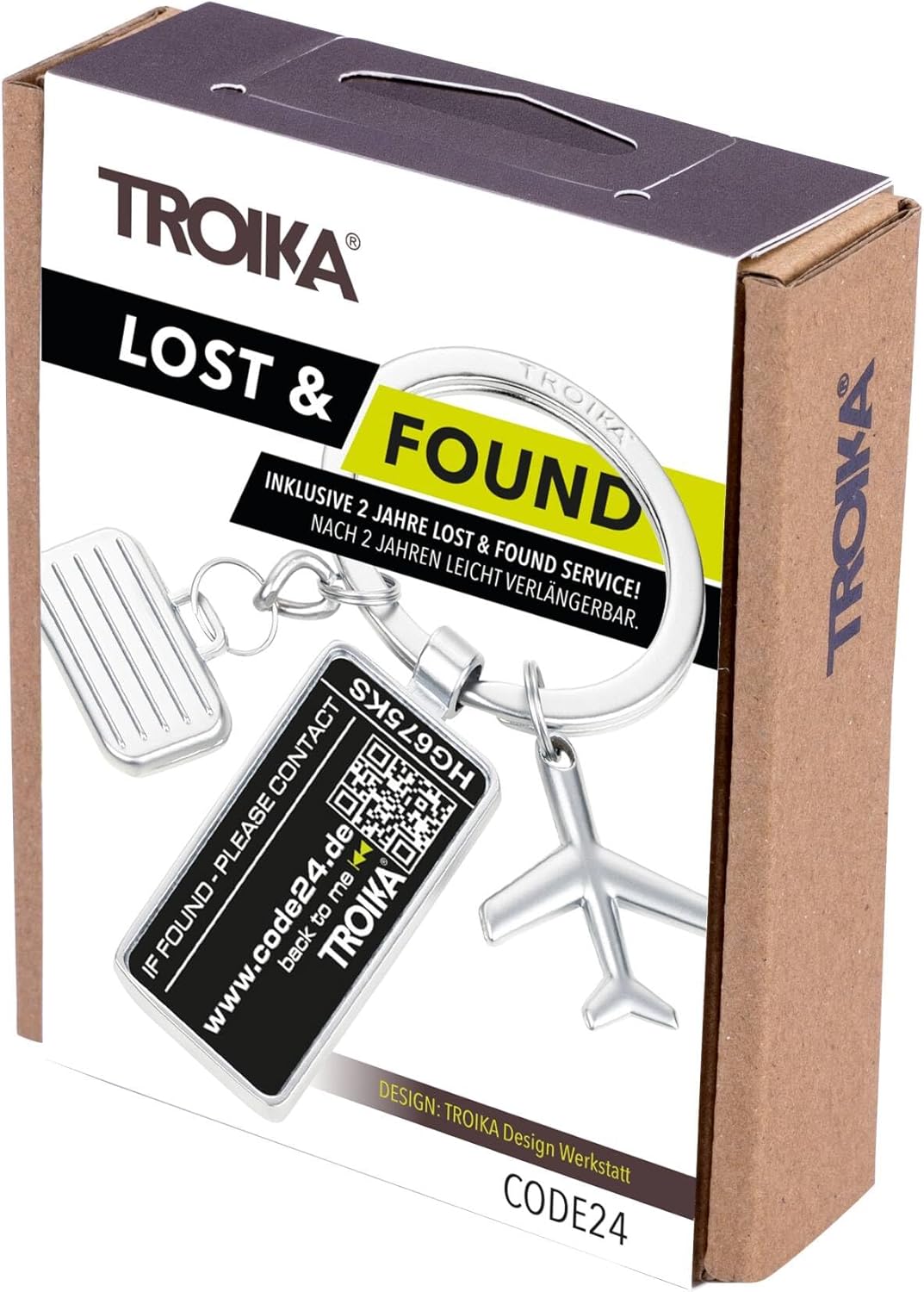 TROIKA Schlüsselanhänger CODE24, Adressanhänger, 3 Charms: Flugzeug, Koffer, Plakette, inkl. 2 Jahre Fundservice, verchromt, silber.