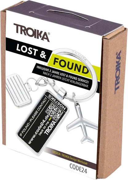 TROIKA Schlüsselanhänger CODE24, Adressanhänger, 3 Charms: Flugzeug, Koffer, Plakette, inkl. 2 Jahre Fundservice, verchromt, silber.