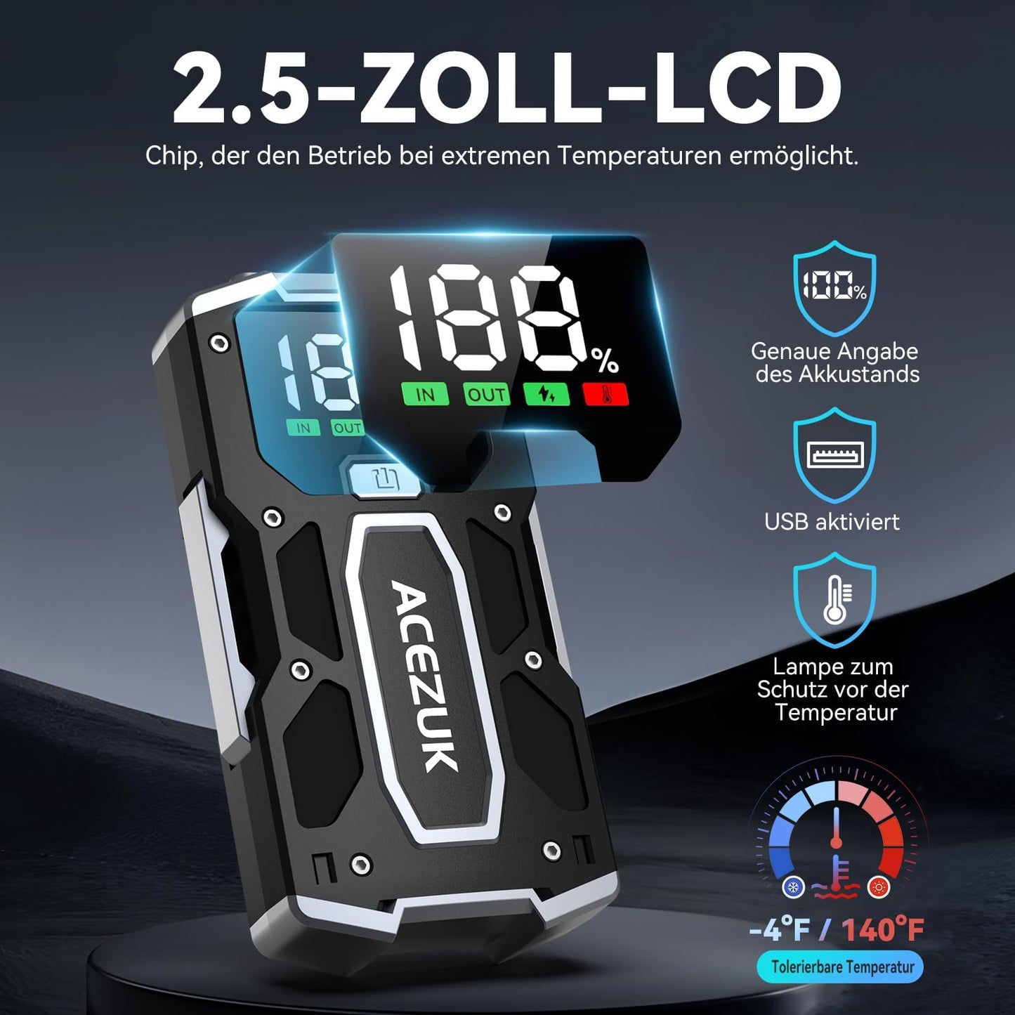 ACEZUK Starthilfe Powerbank 6000A, Auto-Starthilfe für 7,0L Benzin/5,5L Diesel, LED-Lampe, Display, tragbar