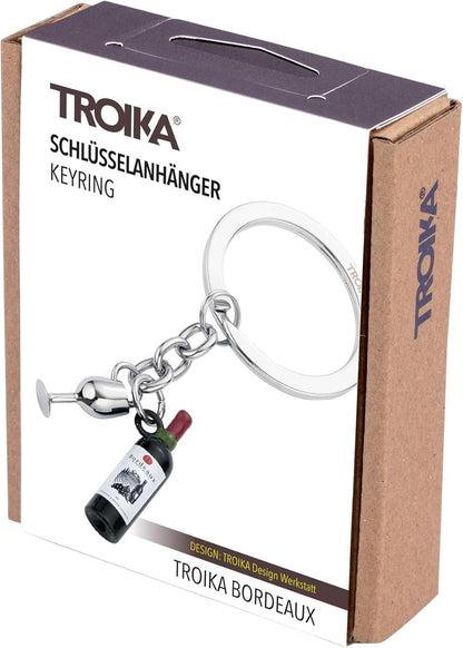 TROIKA BORDEAUX Schlüsselanhänger, Metallguss, glänzend, mit Weinflasche und Weinglas, Grün/Silber, stilvoll und funktional.