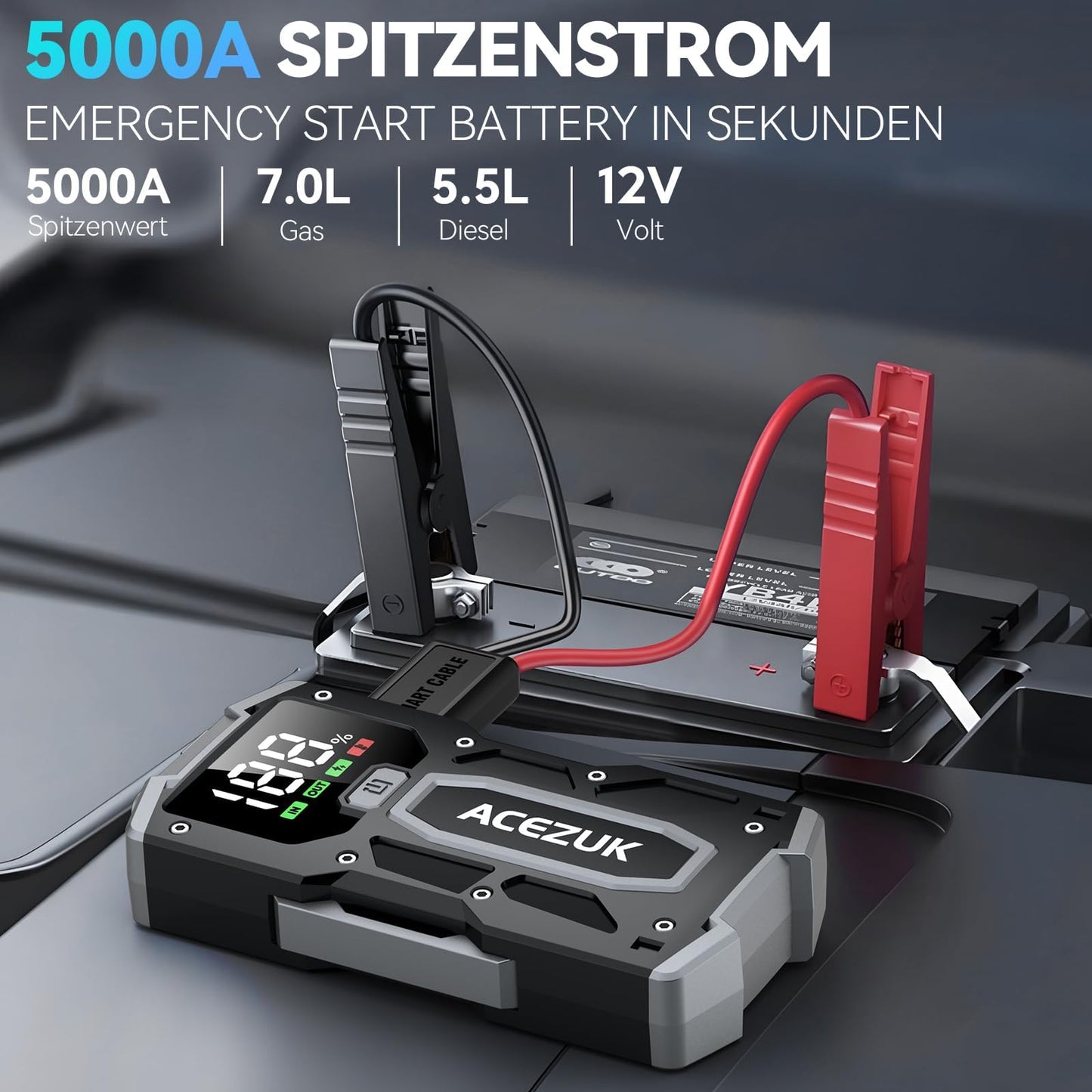 ACEZUK Starthilfe Powerbank 6000A, Auto-Starthilfe für 7,0L Benzin/5,5L Diesel, LED-Lampe, Display, tragbar