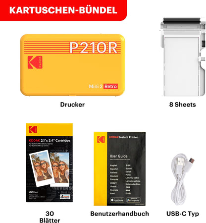 KODAK P210 Mini 2 Retro Fotodrucker, Bluetooth, 54x86mm, 4Pass, laminiert, 38 Blatt, kompatibel mit iOS & Android, Weiß