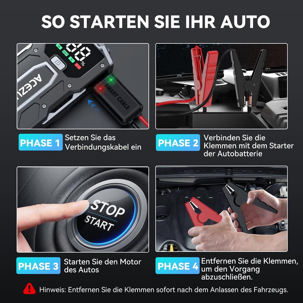 ACEZUK Starthilfe Powerbank 6000A, Auto-Starthilfe für 7,0L Benzin/5,5L Diesel, LED-Lampe, Display, tragbar
