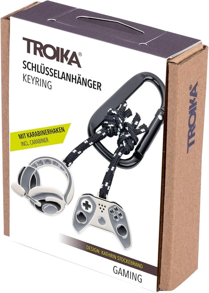 TROIKA Schlüsselanhänger GAMING, 2 Anhänger (Controller, Headset), Metallguss, verchromt, grau/schwarz/silber, dekoratives Kletterseil