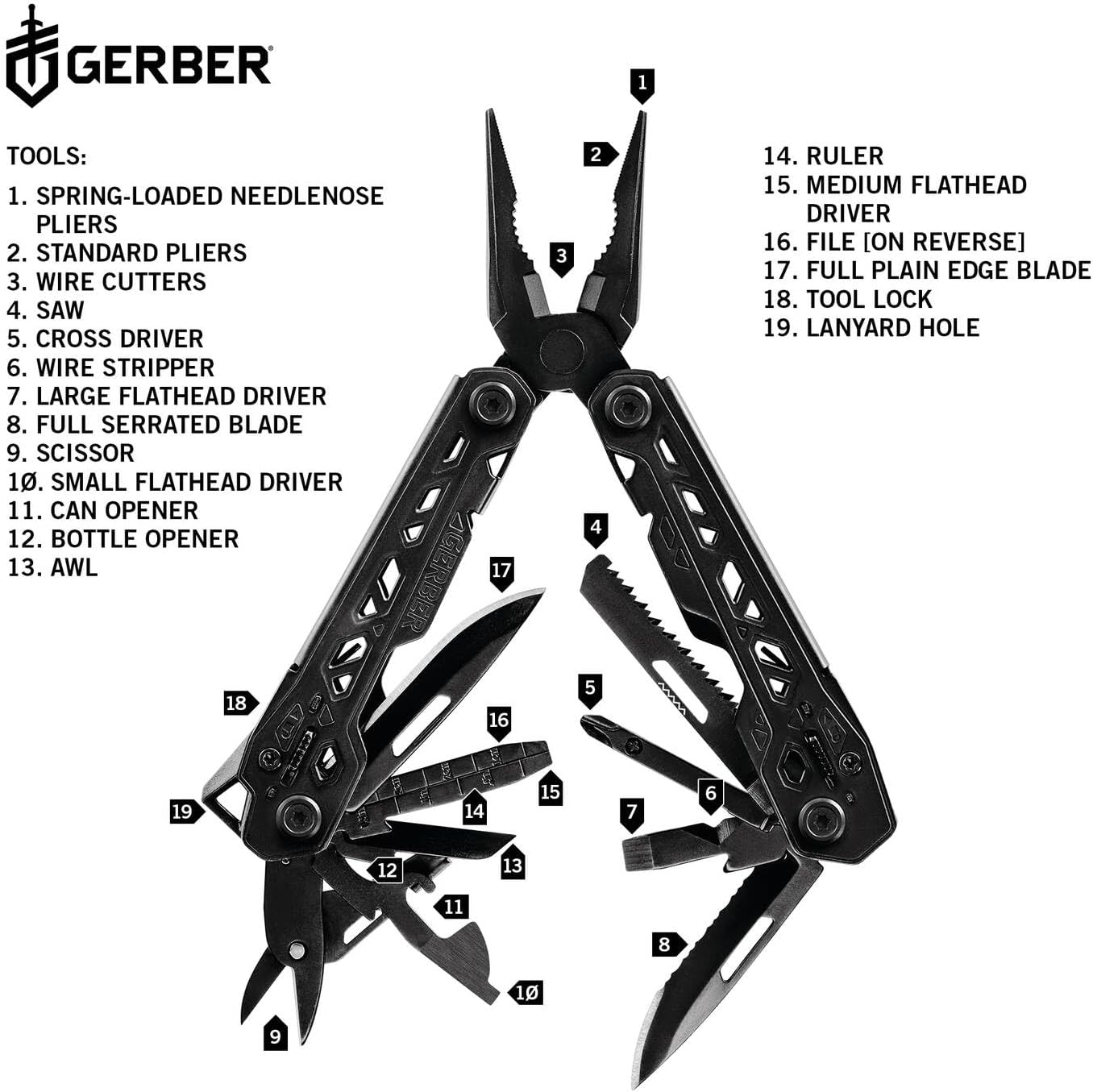 Gerber Truss Multi-Tool 30-001780, 17 Funktionen, Schwarz, inkl. Nylon-Scheide, robustes Multifunktionswerkzeug