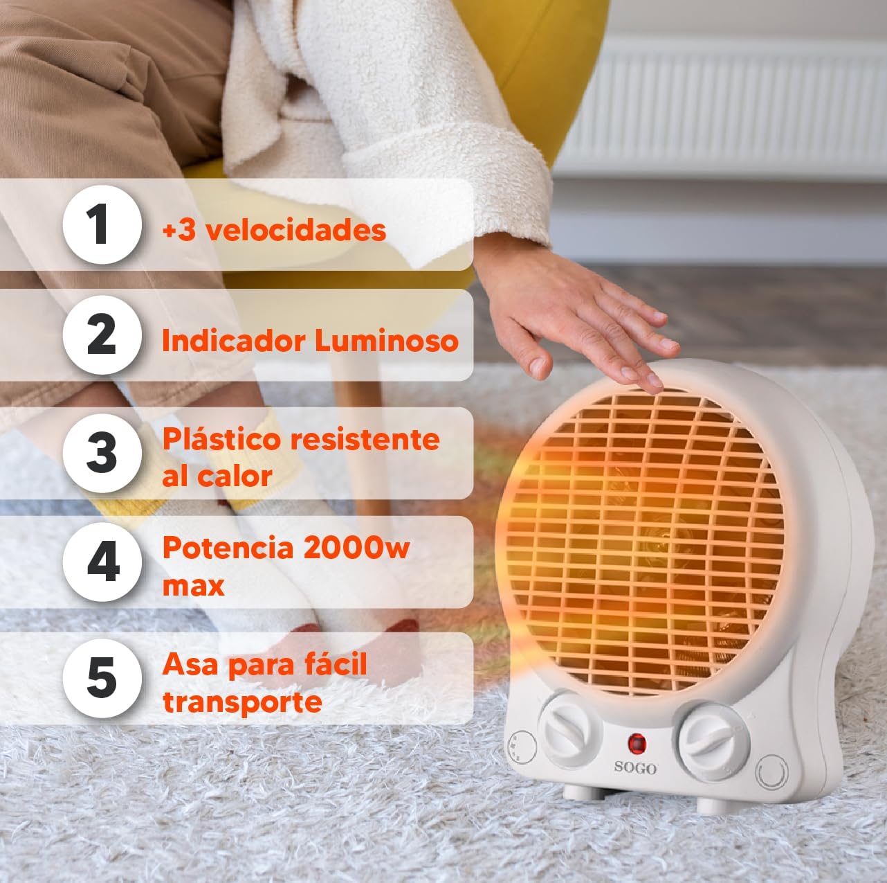 SOGO SS-18306 Heizlüfter, 2000W, kompakt, energiesparend, schnelle Wärme, rund, weiß