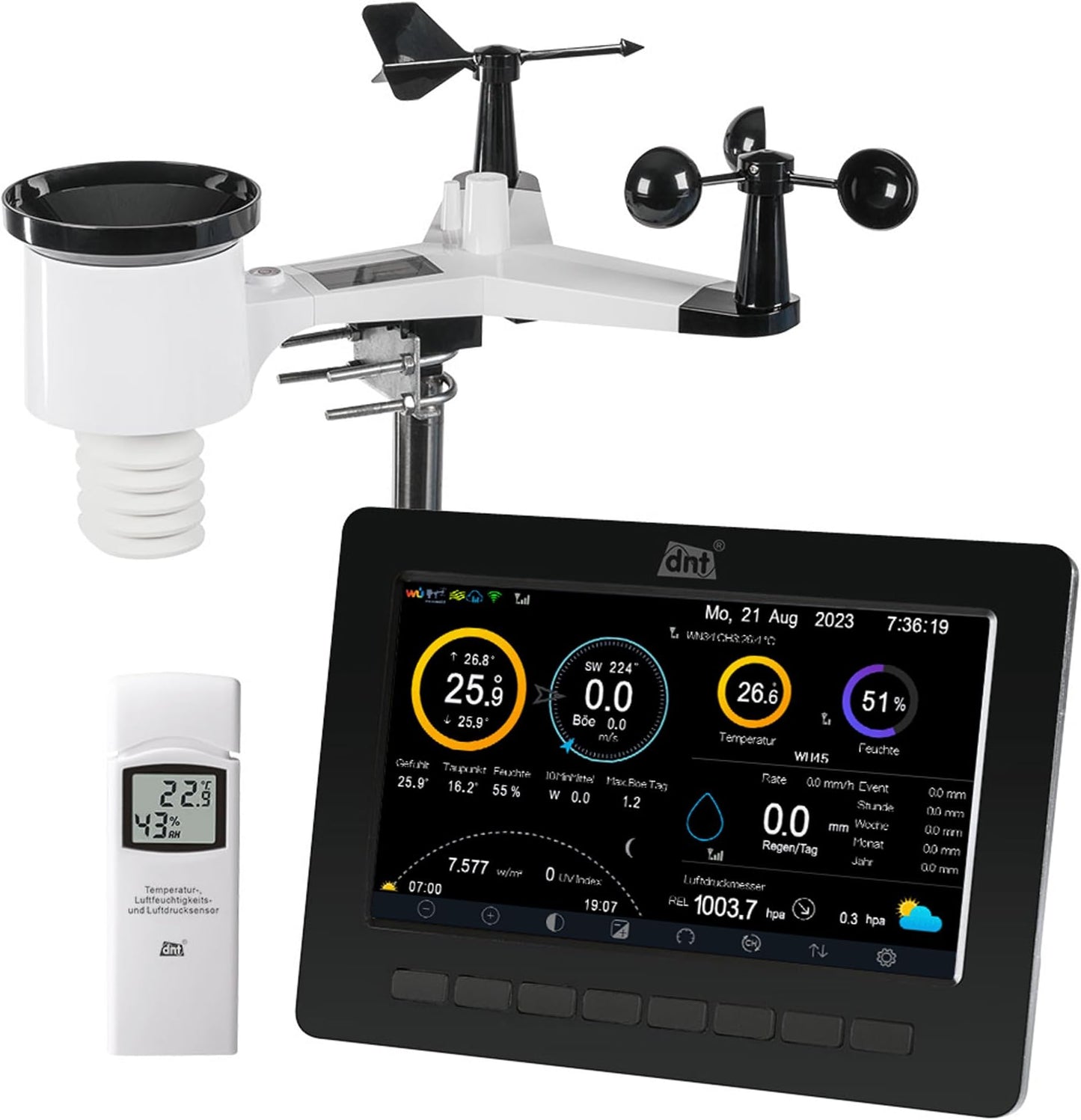 dnt WeatherScreen PRO DNT000008, WLAN-Wetterstation mit Datenlogger, App-Steuerung, Raumklima-Überwachung, Schwarz/Weiß