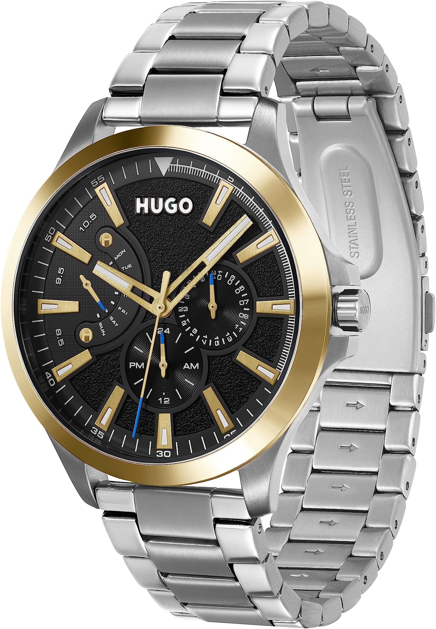 HUGO LEAP Herren Quarz Uhr, Multi Zifferblatt, silbernes Edelstahlarmband, sportlich und elegant, Modellnr. 1530174.