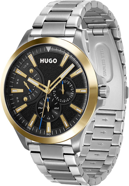 HUGO LEAP Herren Quarz Uhr, Multi Zifferblatt, silbernes Edelstahlarmband, sportlich und elegant, Modellnr. 1530174.
