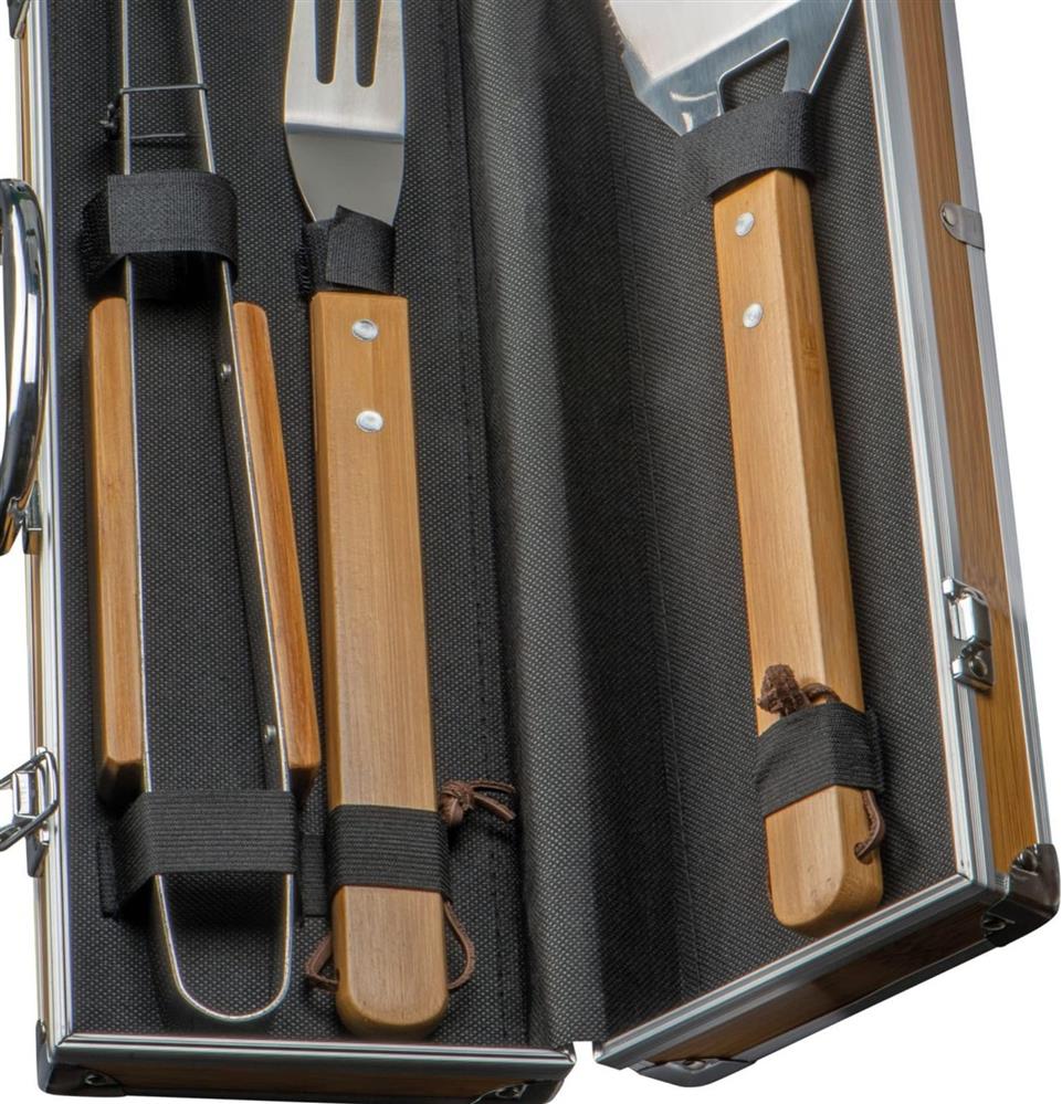 3-tlg. Grillbesteck-Set 8363313, Grillzange, Gabel & Wender im Metallkoffer in Bambusoptik, beige, BBQ Zubehör