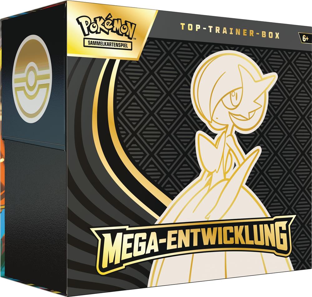 Pokémon, 10-10047-117, Top-Trainer-Box Mega-Entwicklung Guardevoir – Vollbild-Promokarte, 9 Boosterpacks & Zubehör