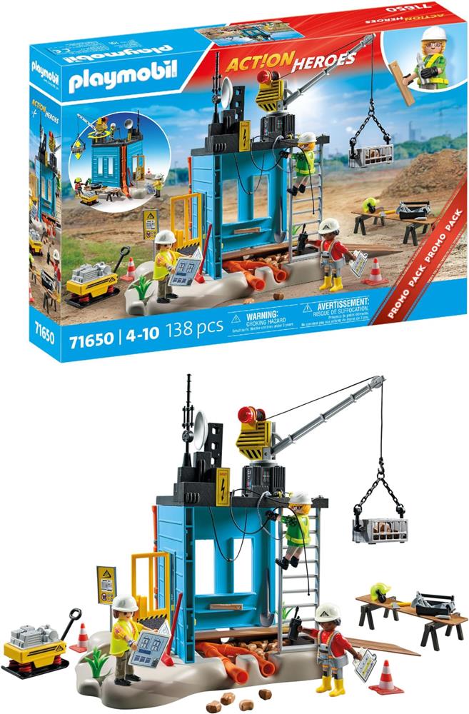 PLAYMOBIL 71650 Action Heroes Baustelle, Set mit 3 Figuren, beweglichem Kran, Zubehör, Spielset ab 4 Jahren