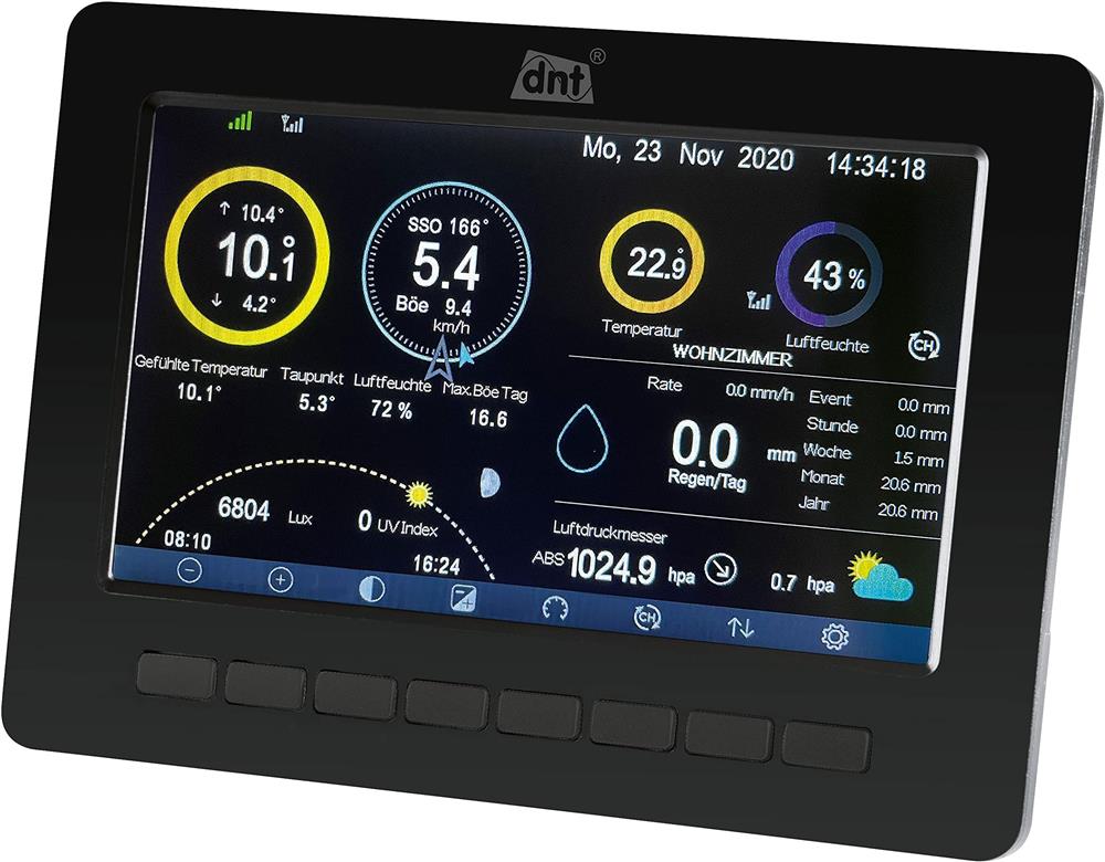 dnt WeatherScreen PRO DNT000008, WLAN-Wetterstation mit Datenlogger, App-Steuerung, Raumklima-Überwachung, Schwarz/Weiß