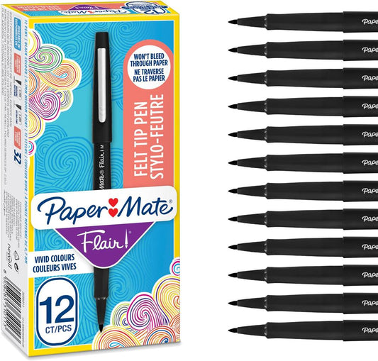 Paper Mate S0190973 Filzstifte – 12er Set Schwarz, mittlere 0,7 mm Spitze