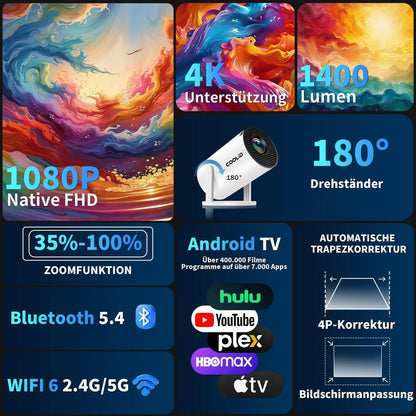Coolid C2 Mini Beamer, tragbarer 4K/1080P Projektor, 5G WiFi 6, BT 5.4, Auto-Keystone, 180° drehbar, weiß
