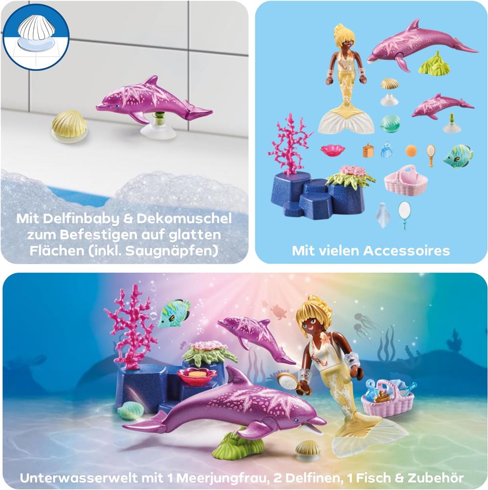 PLAYMOBIL Princess Magic 71501 Meerjungfrau-Set mit Delfinmama und Baby, Zubehör, fantasievolles Spielzeug ab 4 Jahren